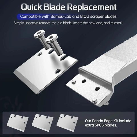 Panda Edge All Metal 3D Printer Scraper Kit with extra 3 SK5 blades, showing quick blade replacement design and compatibility details.