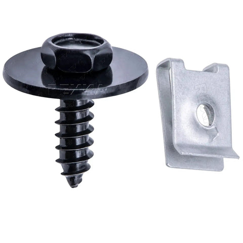 Close-up of 20 Pack M4.8 Fender Liner Splash Shield Bumper Cover Screws and U Nuts Kit for BMW and Mini Cooper, black zinc hardware.