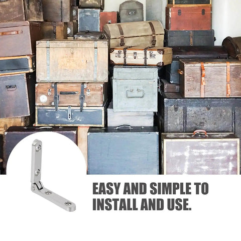 10 Pieces Zinc Alloy Jewelry Box Hinges 90 Degree Wooden Box Hinges for Miniature Furniture and Accessories shown with stacked vintage chests.