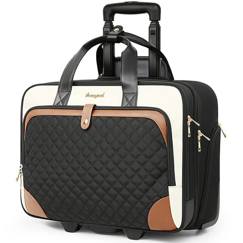 Rolling Laptop Bag For Women On The Go With Waterproof Pocket 16 Inch Computer Case and Underseat Carry On in Beige Brown Arcoyard