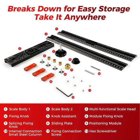 30 Inch Adjustable T Square Marking Ruler For Cabinet Hardware DIY Woodworking Guide Aluminum Layout And Precise Drilling Positioning For Handles Knobs Pulls Hinges Drawers And Shelf Installations, disassembled view with components labeled for easy storage.
