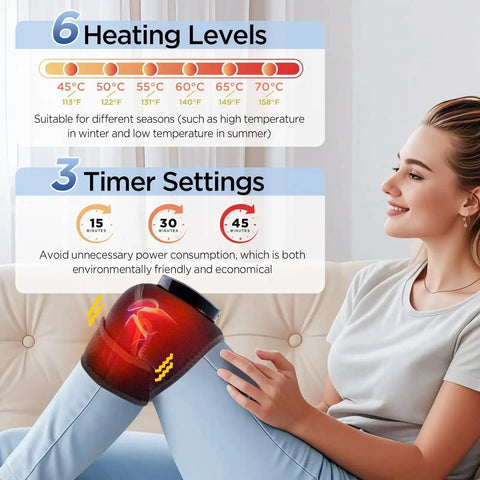 Woman using Cordless Knee Massager With Heat And Battery Pack, showing 6 heating levels and 3 timer settings display.