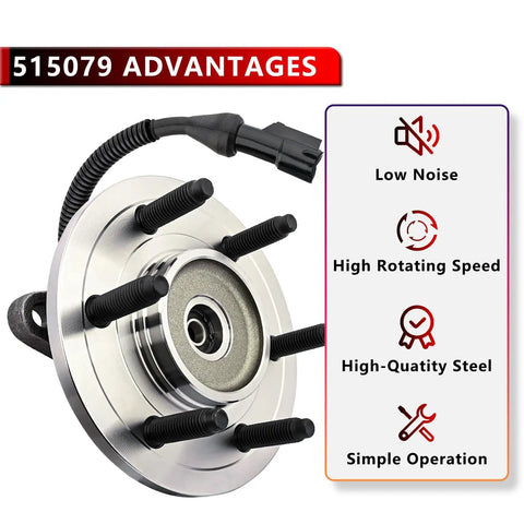 Drop In Front Wheel Bearing Hub Assembly For Ford F150 Lincoln Mark Lt Expedition Navigator 2003 To 2008 4WD Six Lug With ABS Direct Fit Replacement Easy Install Premium Grade Quality, front view showing hub and ABS sensor wire