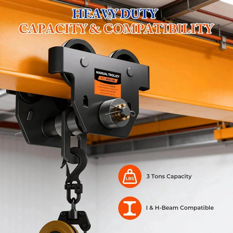 3 Ton Manual Adjustable I Beam Trolley With Flange Width From 3.66 To 8.46 Inches in warehouse, dual side wheels visible