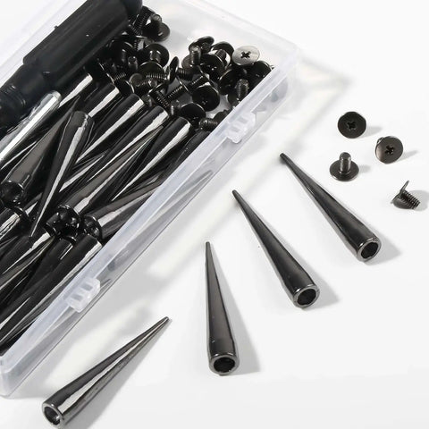 40 Sets Spikes and Studs Kit 7x40mm Cone Rivets With Punch Tool For Clothes, showing spikes, rivets, tools in a clear plastic box