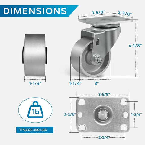 Industrial Casters Set Of 4 3x1.25 Inch Heavy Duty Steel Wheel Casters With 1400 Lb Capacity, dimensions and specifications shown