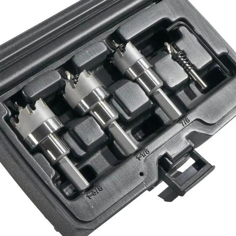 Heavy Duty Beast Carbide Hole Saw Kit With Pilot Bit In Rust Proof Molded Plastic Case Includes Three Hole Saws 7/8 Inch 1-1/8 Inch 1-3/8 Inch Plus One More Size For Quick Precise Drilling In Stainless Steel Mild Steel Iron Copper And Brass