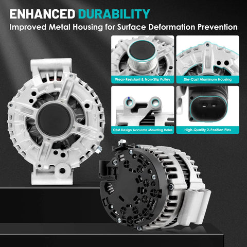 Beefy 180 Amp High Output Replacement Alternator for BMW 135i 335d 335i xDrive 335is 335xi 535i 535i xDrive 535xi 12 Volt CW Rotation 7 Groove Pulley Fits OEM Numbers 0121715016 0121715116 showing metal housing and pulley design