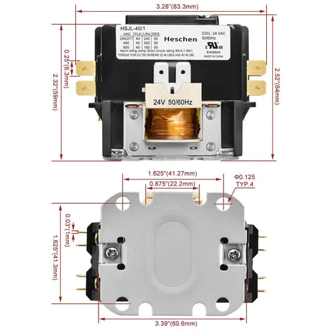 40 Amp 1 Pole Definite Purpose Contactor With 24V AC Coil Heavy Duty HVAC Replacement For C140A Models with dimensions