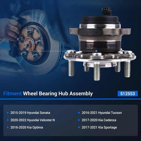 Rear Wheel Bearing And Hub Assembly 512553 With 5 Lug And ABS For Hyundai Sonata 2015 to 2019, Tucson 2016 to 2021, Veloster N 2020 to 2022