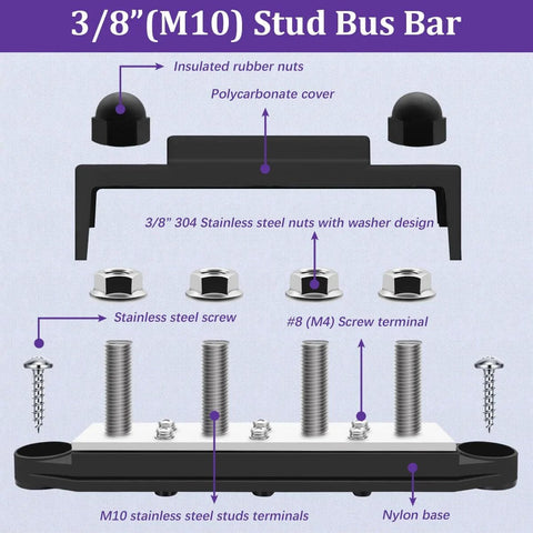 Marine Grade 12V Bus Bar Power Distribution Block With Cover For Boat And Car Solar Wiring, 250A, stainless steel studs and screws