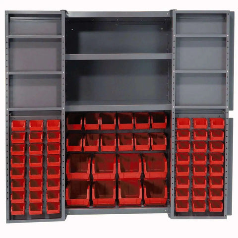 Deep Door Bin Cabinet With 68 Red Plastic Bins Padlockable Steel Cabinet For Tool And Parts Storage open showing interior bins