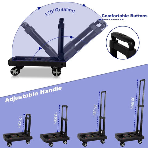 Go To Lightweight Folding Hand Truck With Four Rotating Wheels And 110 Lb Capacity showing adjustable handle and foldable design