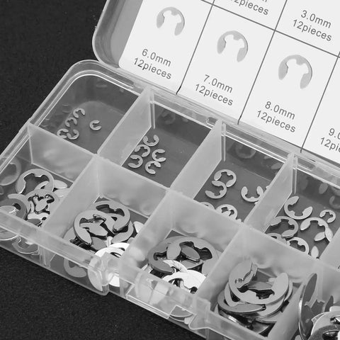 Clear box with compartments showing E Clip Washer Kit 120 Piece Stainless Steel M1.5 To M10 External Retaining Rings.