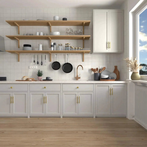 Modern kitchen with 20 Pack Gold Stainless Steel Cabinet Handles, 5 Inch Length, 3 Inch Center-To-Center Holes on white cabinets