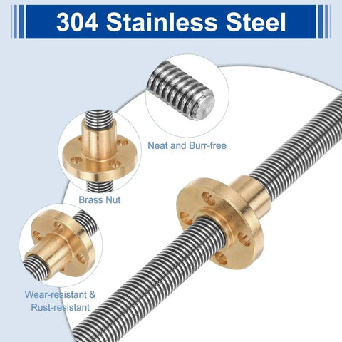 Close-up of 100mm TR8X1 Lead Screw With Brass Nut For 3D Printers, 1mm Pitch, 304 Stainless Steel Rod, shown with neat finish.