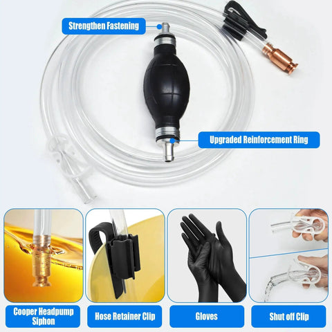 All In One Gas Siphon Transfer Kit For Fuel And More, Easy Manual Hand Pump For Gasoline, Diesel, Oil, Water And Other Liquids, Includes 10 Ft Clear PVC Siphon Hose, Brass Siphon Head, Clamps, Shut Off Valve, Pinch Clips And Gloves displayed.