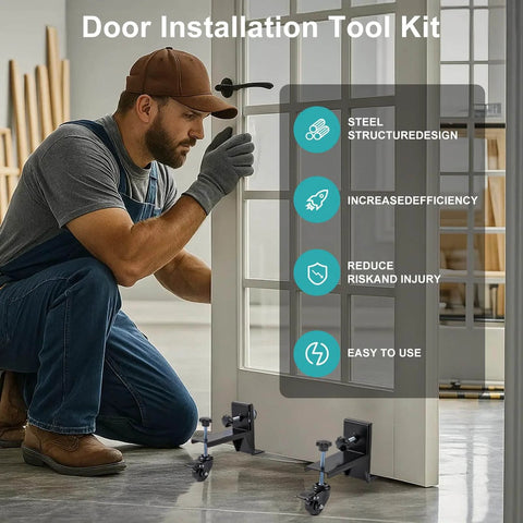 Worker using Heavy Duty Door Lifter Kit With Rolling Door Dolly Wheels For Pre Hung Doors Up To 800 Lb Pro Grade Go To Install Tools.