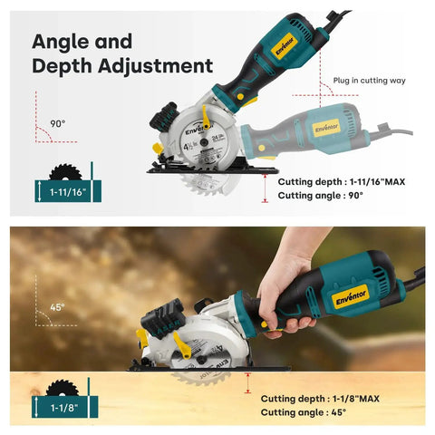 Powerful Mini Circular Saw With 5.8 Amp Motor Delivers 3500 RPM For Wood Metal Tile PVC And Aluminum Four And A Half Inch Blade Comes With Six Blades Laser Guide DIY Friendly Adjustable Cutting Depth For 90 Degree And 45 Degree Cuts Enventor showing angle and depth adjustment