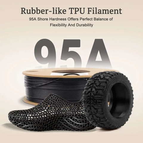 Black TPU Filament 1.75mm 250g For 3D Printers with rubber-like tire and lattice structure showcasing flexibility and durability
