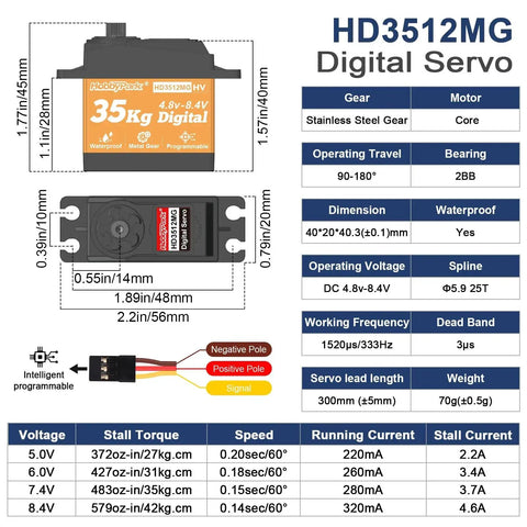HobbyPark HD3512MG waterproof high-torque RC servo with metal gear; 35Kg, 4.8–8.4V, 25T spline, front view.