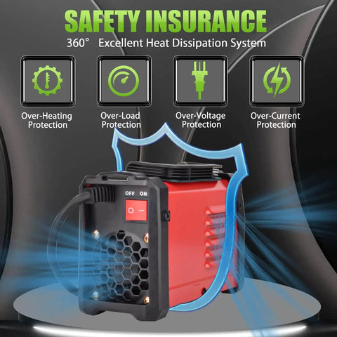 200 Amp Portable Stick Welder 110V IGBT Inverter With Hot Start Arc Force Anti-Stick, rear view, safety protections displayed