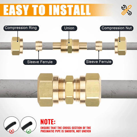 Brass DOT air brake line fittings kit installation diagram with compression ring, union, and sleeve ferrule for trucks and industrial systems