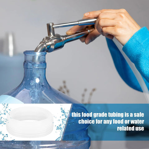 White translucent polyethylene tubing, 1/4 in OD, 0.170 in ID, connected to a metal faucet over a water bottle
