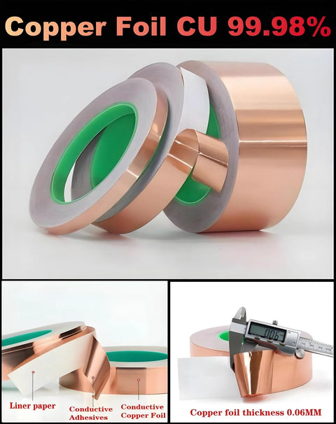 Conductive copper foil tape rolls with green inner core, 1/2 inch wide EMI/RFI shielding tape. 
Cross-section view showing liner paper, conductive adhesive, and copper foil layer. 
Caliper reading shows copper foil thickness around 0.06 mm on tape.