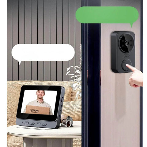 Video Intercom System With 8MP HD Doorbell Camera And 4.3 Inch Monitor showing delivery person on screen in home setting.
