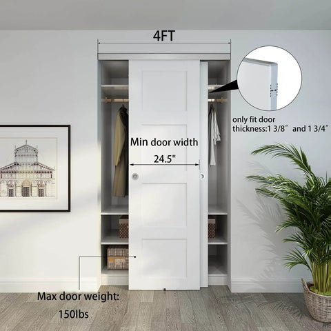48 Inch Aluminum Bypass Sliding Door Hardware Kit Includes Two 8 Inch Barn Door Handles Commercial Grade Box Track Smooth Rolling Convex Rails Front Cover Concealment Premium 304 Stainless Steel Handles With Powder Coat installed in closet opening, showing measurements.