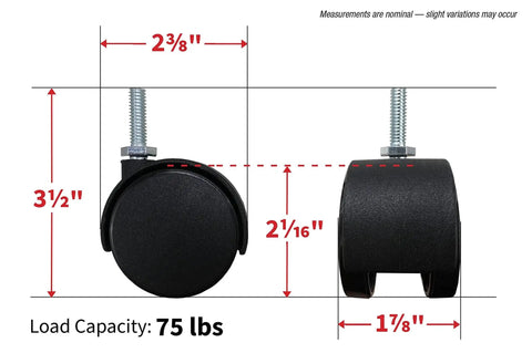 2 Inch Twin Wheel Office Chair Caster With 5 16 Inch Threaded Stem Diameter 75 Lb Load Capacity Per Caster Black Swivel Wheel