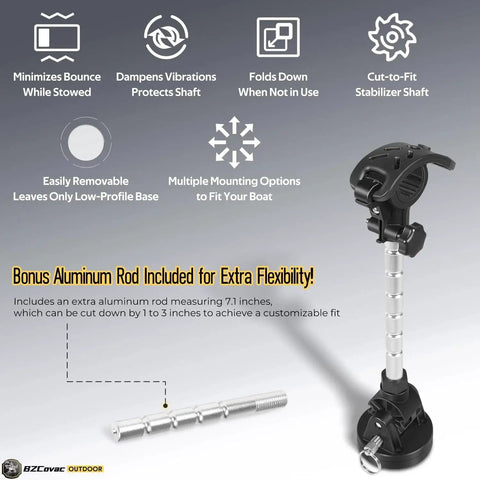 Beefed Up Electric Steer Trolling Motor Stabilizer Mount For Minn Kota with aluminum rod, low-profile base, screws shown.