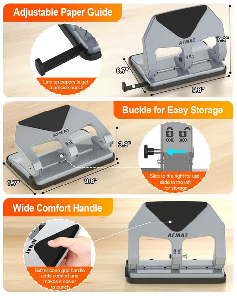 Heavy-Duty 3 Hole Punch For Binders, 50-Sheet Capacity, featuring adjustable steel paper guide and comfort handle for home office use