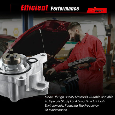 AOTPAT vacuum pump with aluminum housing in engine bay; mechanic in red coveralls holds a handheld tool