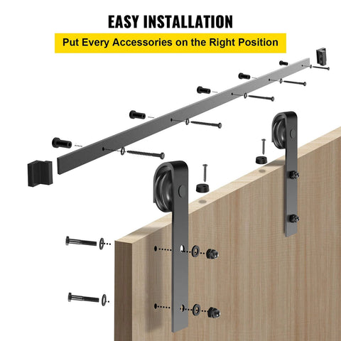 Close-up of 11 Ft Sliding Barn Door Hardware Kit installation for heavy duty double door track system with carbon steel construction.