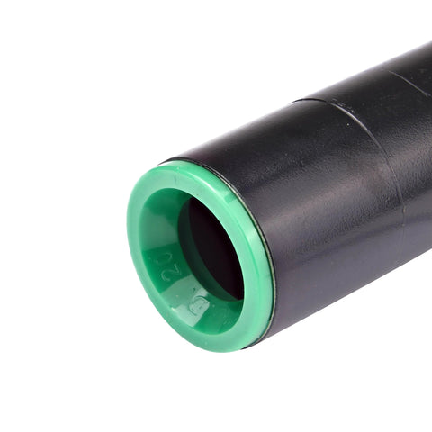 Raindrip 344G00UB compression coupling end view for 1/2-inch drip irrigation, black body with green collar