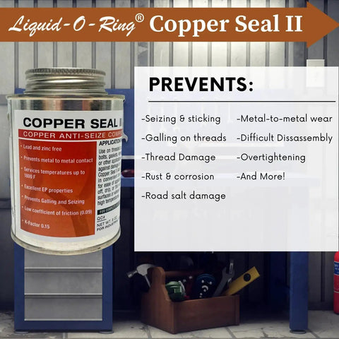 Container of Liquid-O-Ring Copper Seal II anti-seize lubricant with prevention benefits listed.