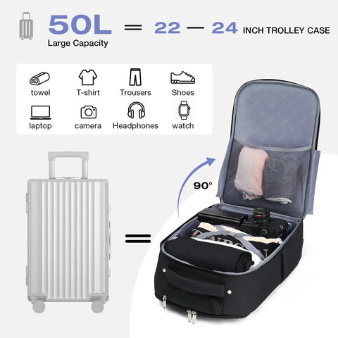 Open black 50L rolling backpack showing towels, camera, laptop, illustrating capacity and compartments, Go To Rolling Backpack Carry On With Wheels For Adults.
