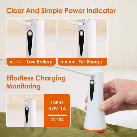 Handheld cordless vacuum pump for vacuum storage bags, white with black control panel and blue LEDs, USB-C charging