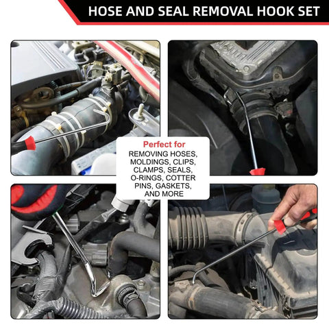 Hose Removal Hook Set 6 Pack for Radiator Hoses 10in and 8in Puller Tools shown in use on car engine components
