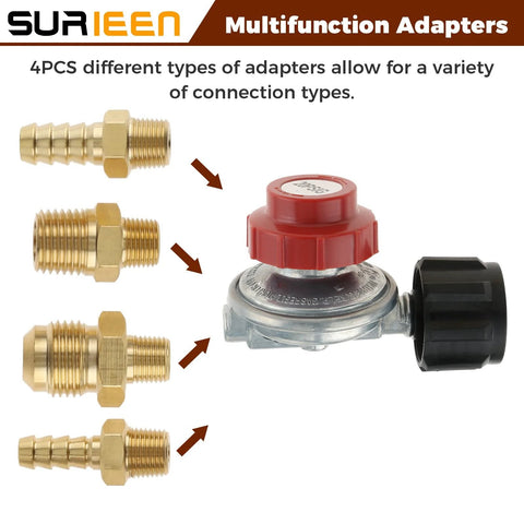 Image of a 0 To 20 PSI Adjustable Propane Regulator Valve Kit With QCC1, showing four brass adapters for various connections.
