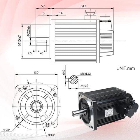 Technical diagram and photo of 3.8KW 220V Servo Motor Kit With Encoder And Brake, 2500RPM, 15Nm Rated Torque, 30Nm Peak