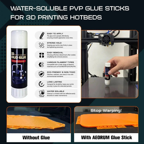 Water-soluble PVP glue stick for 3D printing hotbeds showing application and benefits