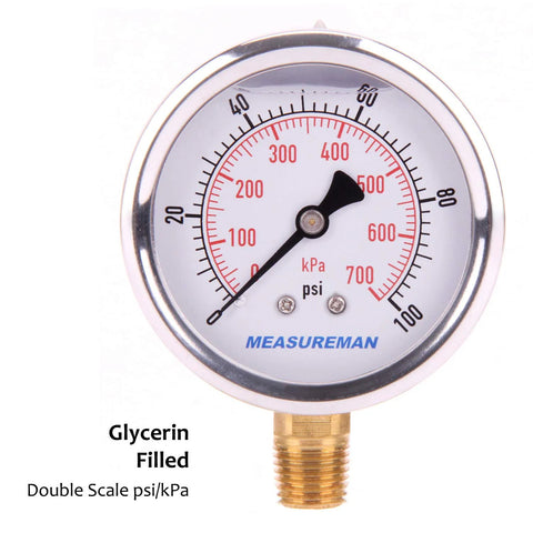MeasureMan glycerin-filled pressure gauge with 2.5 in dial, dual psi/kPa scale, brass bottom mount