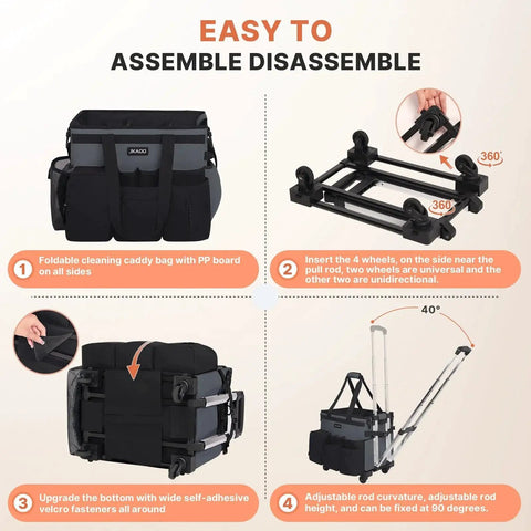 Large Rolling Cleaning Caddy On Wheels with Detachable Trolley assembly guide showing caddy, trolley frame, and securing Velcro straps