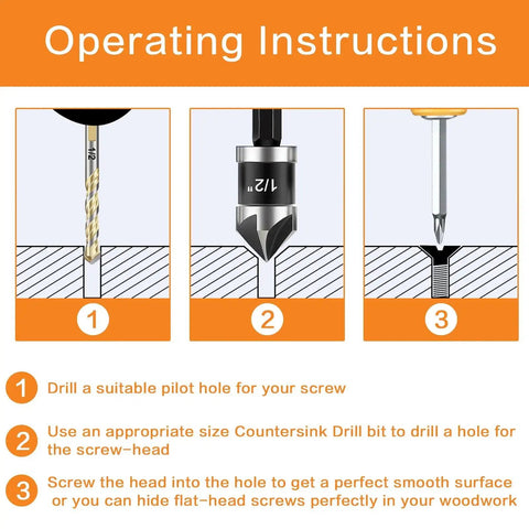 Image showing operating instructions for 5 Pcs Countersink Drill Bit Set With 82 Degree 5 Flute Bits, One Quarter Inch Quick Change Hex Shank, Sizes One Quarter Inch To Three Quarter Inch For Metal Wood And Plastic, Pro Grade, Heavy Duty, Flush Screw Prep, Ideal For Carpentry Metalworking And including graphics for drilling, countersinking, and screw installation.