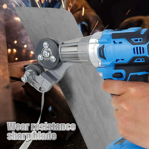 Close-up of Electric Drill Plate Cutter 18V and 21V Double Headed cutting metal sheet with sparks