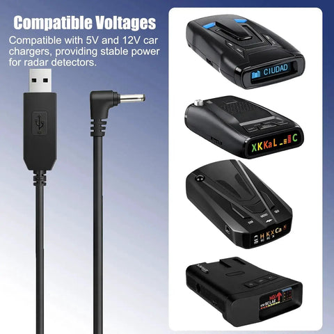 USB To DC 3.5 Power Cable For Radar Detectors 12V 6.56ft Long, shown compatible with various radar detector models.
