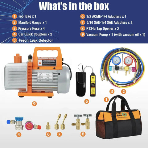 Efficient 4.5 CFM HVAC vacuum pump kit with a 4-way gauge and leak detector displayed with accessories including hoses and adapters.